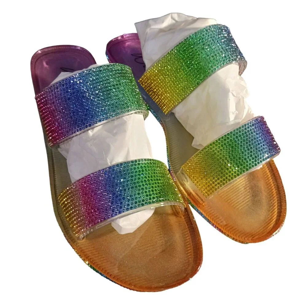 NEW Wild‎ Pair Juba Embellished Pool Side Jelly Sandals in Rainbow Bling Size 7